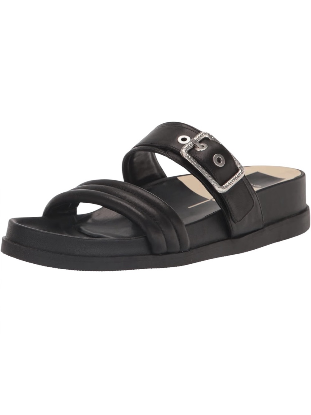 Dolce Vita Shaila Black Leather Platform Slide Sandals Size 8 NEW Silver Buckle